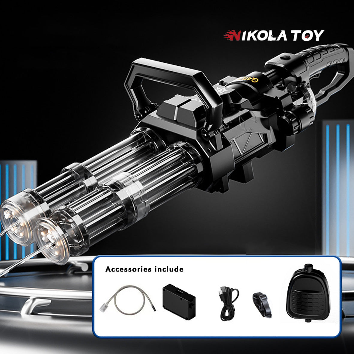 NIKOLATOY® High speed shooting dual muzzle Gatling water gun backpack (muzzle LED)