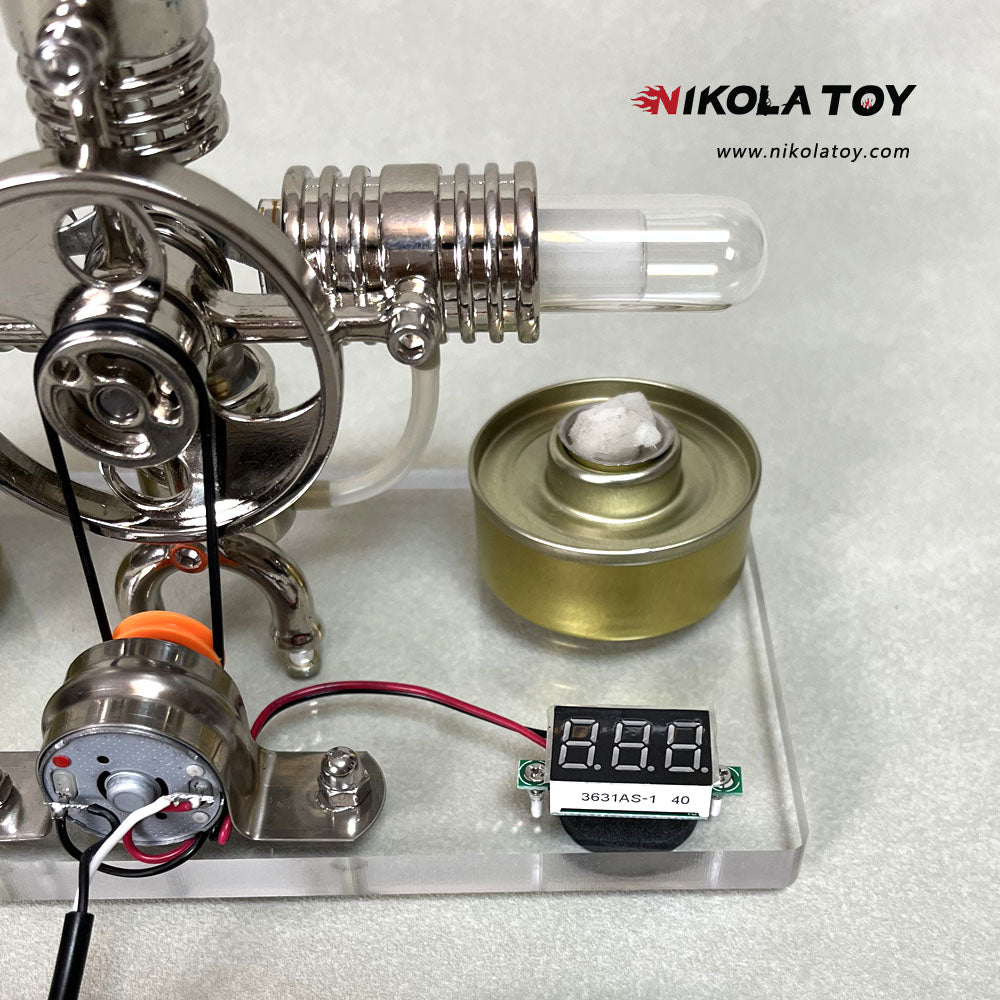 Cross twin Stirling engine+power generation device+voltmeter+LED