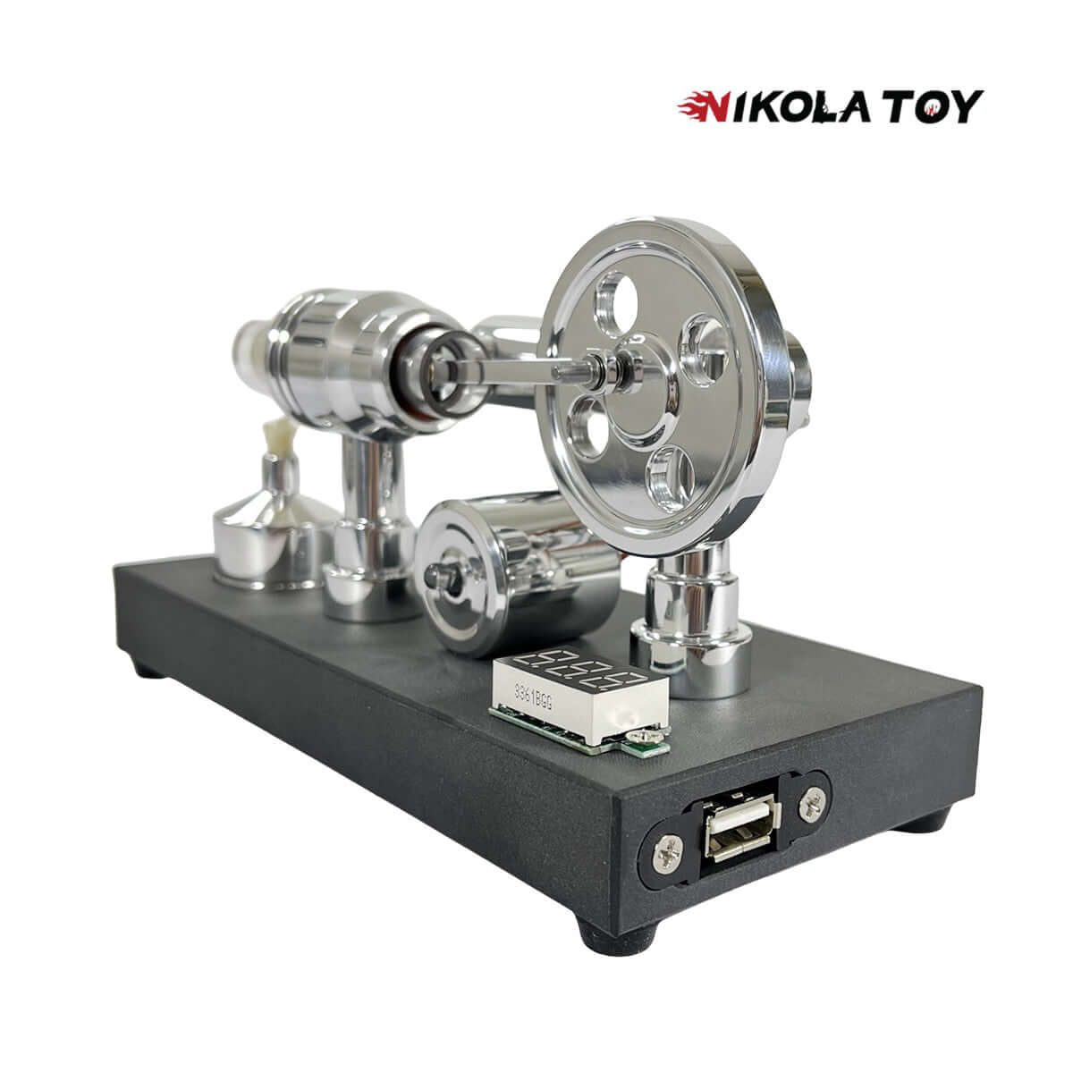 Mirror Polished Stirling Engine With Embedded Voltmeter And USB Plug
