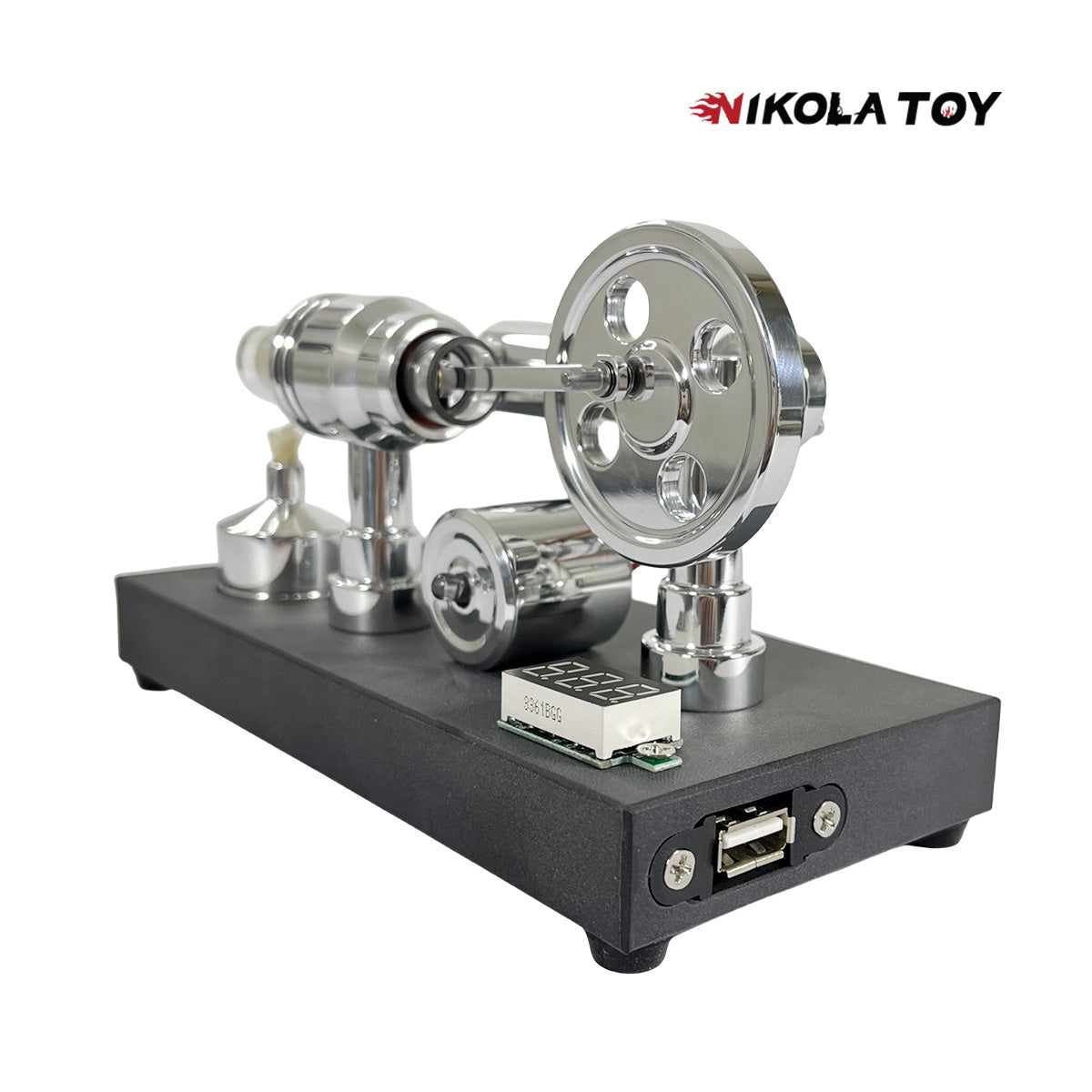 Mirror polished Stirling engine with embedded voltmeter and USB plug