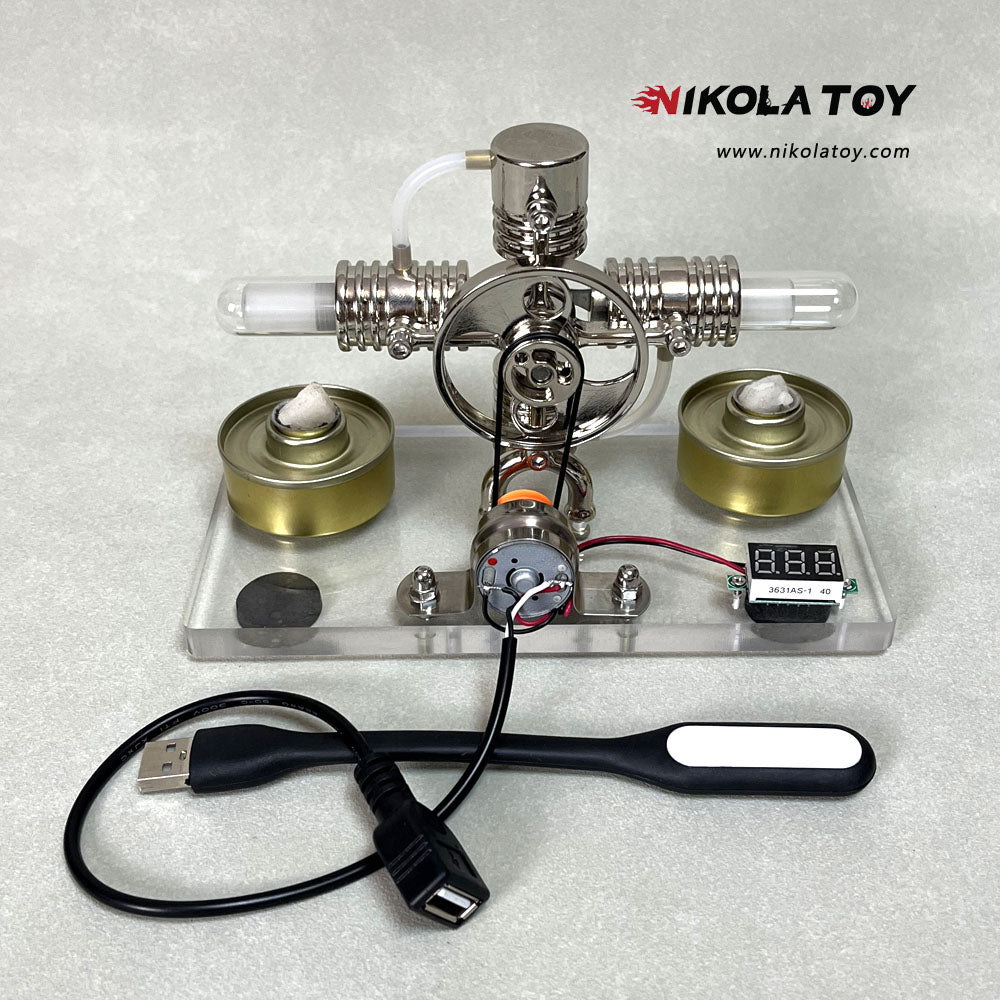 Cross twin Stirling engine+power generation device+voltmeter+LED