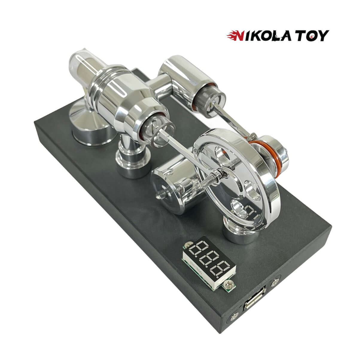 Mirror Polished Stirling Engine With Embedded Voltmeter And USB Plug