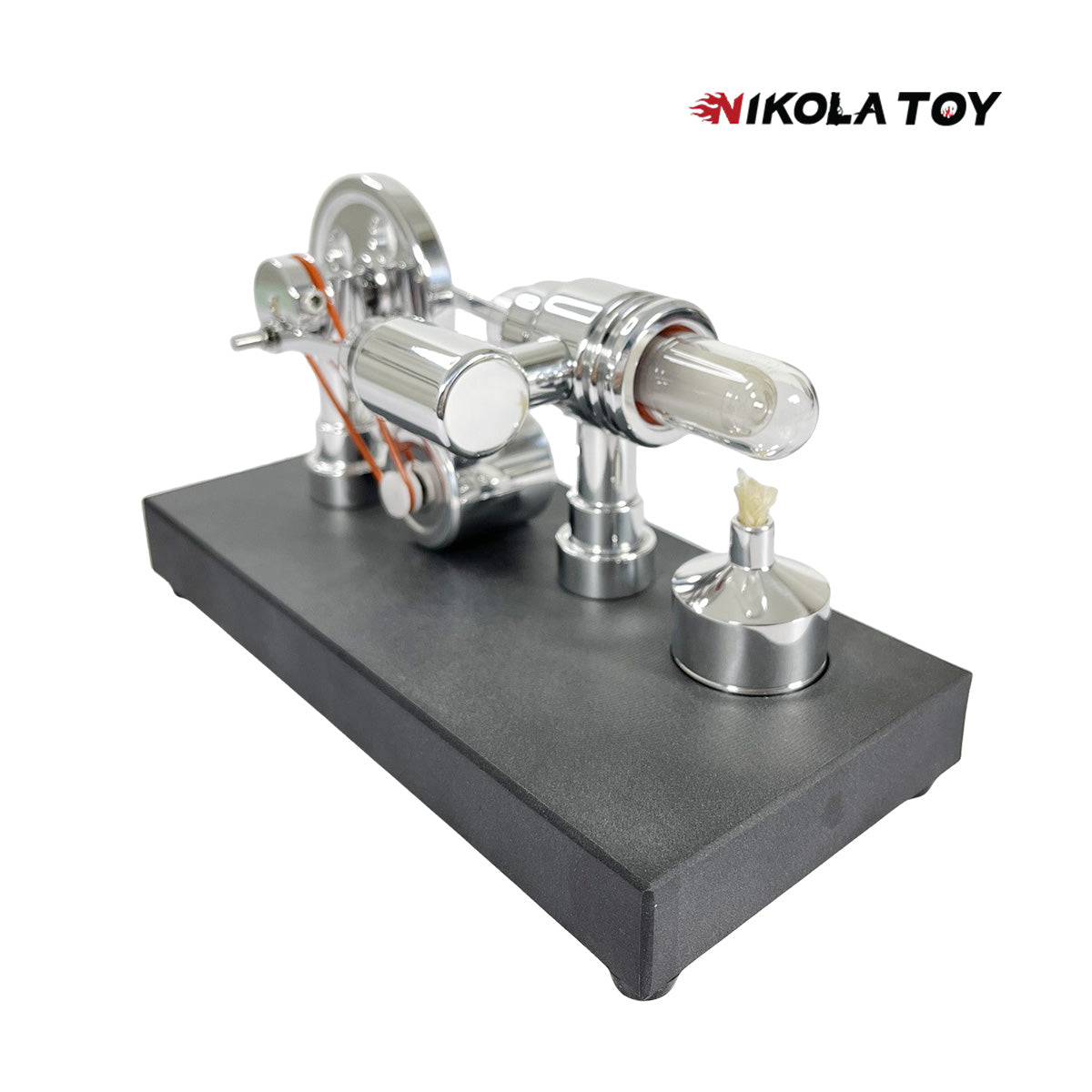 Mirror polished Stirling engine with embedded voltmeter and USB plug