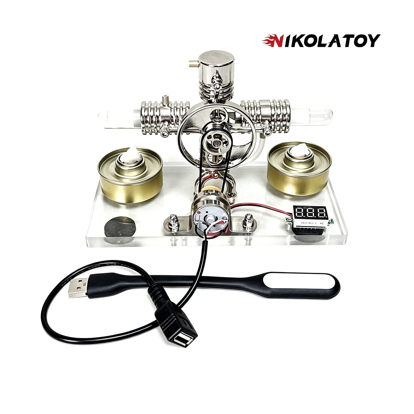 Cross Twin Stirling Engine+Power Generation Device+Voltmeter+LED