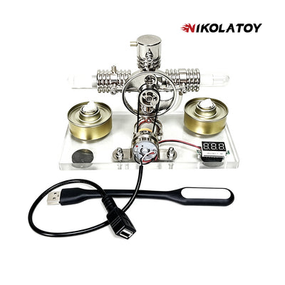 Cross Twin Stirling Engine+Power Generation Device+Voltmeter+LED