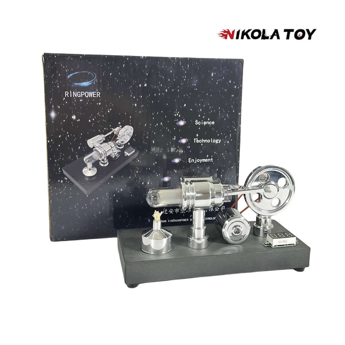 Mirror Polished Stirling Engine With Embedded Voltmeter And USB Plug