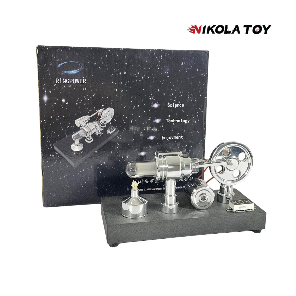 Mirror polished Stirling engine with embedded voltmeter and USB plug - Nikola Toy