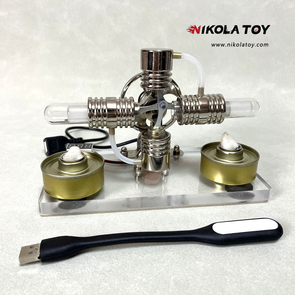 Cross twin Stirling engine+power generation device+voltmeter+LED - Nikola Toy