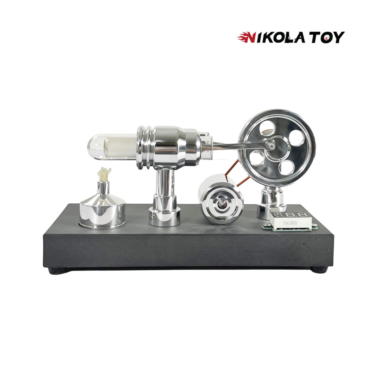 Mirror polished Stirling engine with embedded voltmeter and USB plug - Nikola Toy