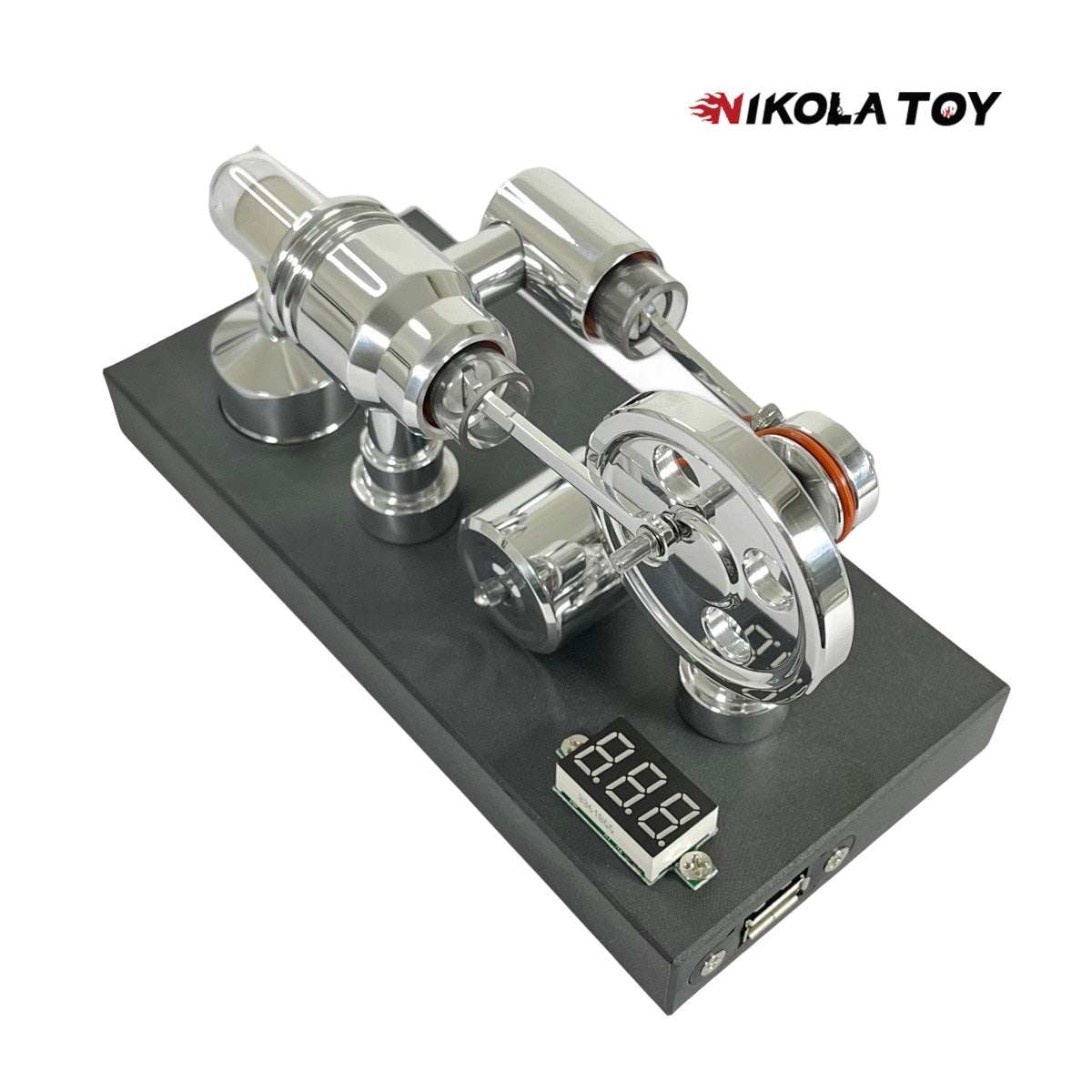 NikolaToy™ Mirror polished Stirling engine with embedded voltmeter and USB plug