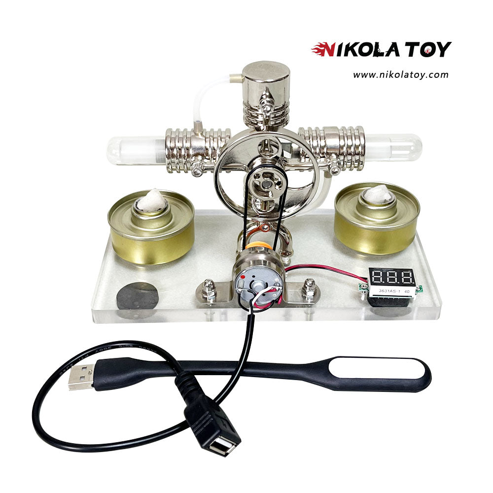 NikolaToy™ Cross twin Stirling engine+power generation device+voltmeter+LED