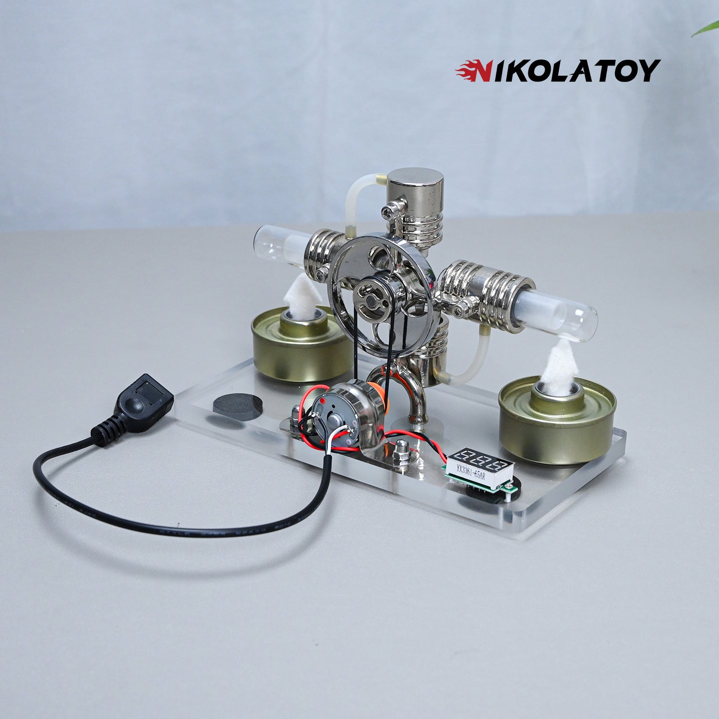 Cross Twin Stirling Engine+Power Generation Device+Voltmeter+LED