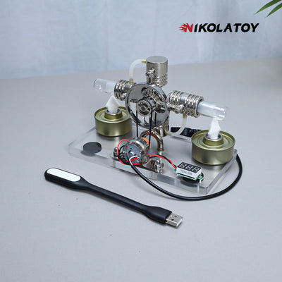 Cross Twin Stirling Engine+Power Generation Device+Voltmeter+LED