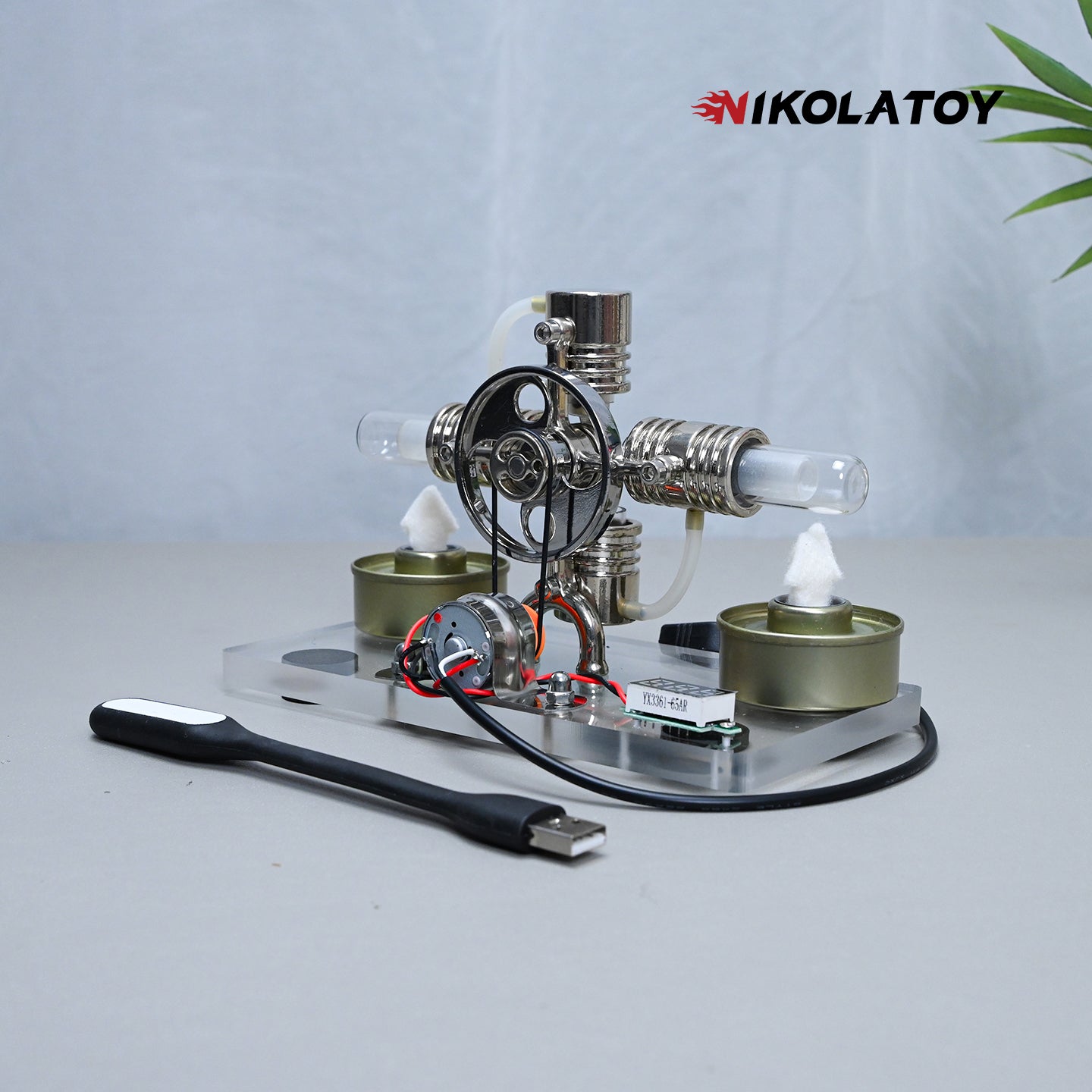 Cross Twin Stirling Engine+Power Generation Device+Voltmeter+LED