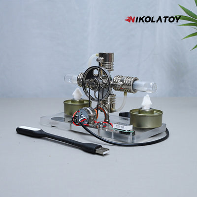 Cross Twin Stirling Engine+Power Generation Device+Voltmeter+LED